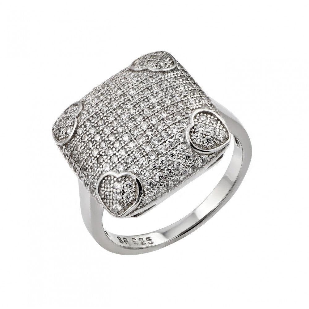 925 Silver Rhodium Plated Clear Micro Pave CZ Heart Square Ring