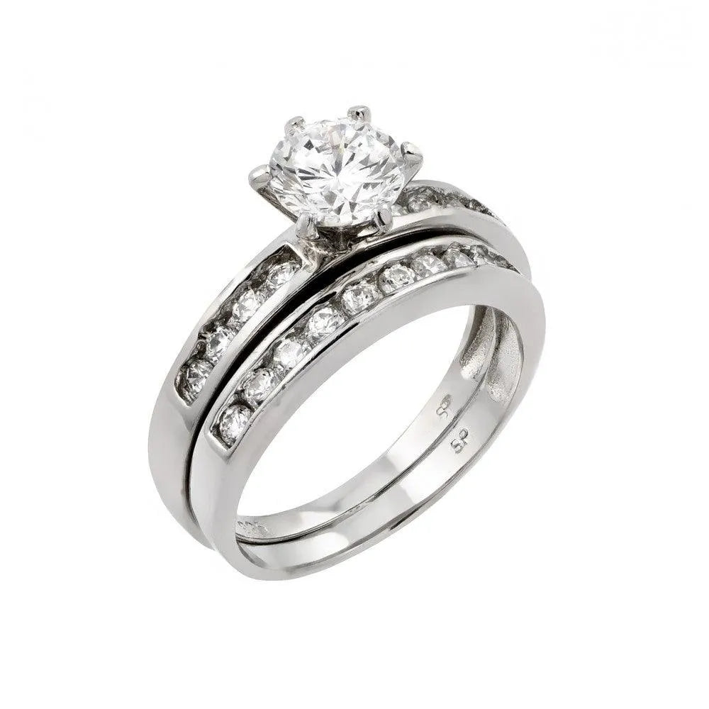 925 Sterling Silver Rhodium Plated Clear Round CZ Engagement Ring Pair Set