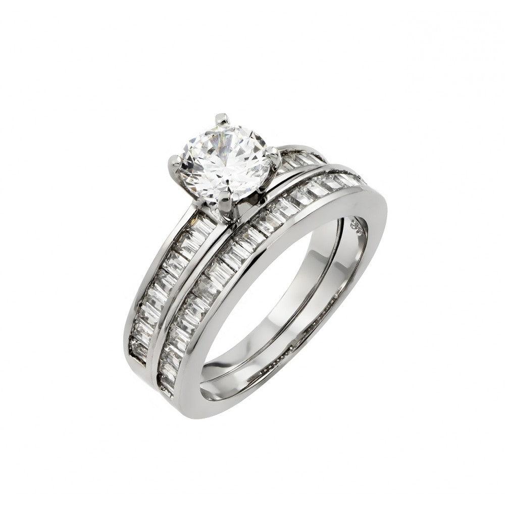 925 Silver Rhodium Plated Clear Baguette Round CZ Engagement Ring Pair Set