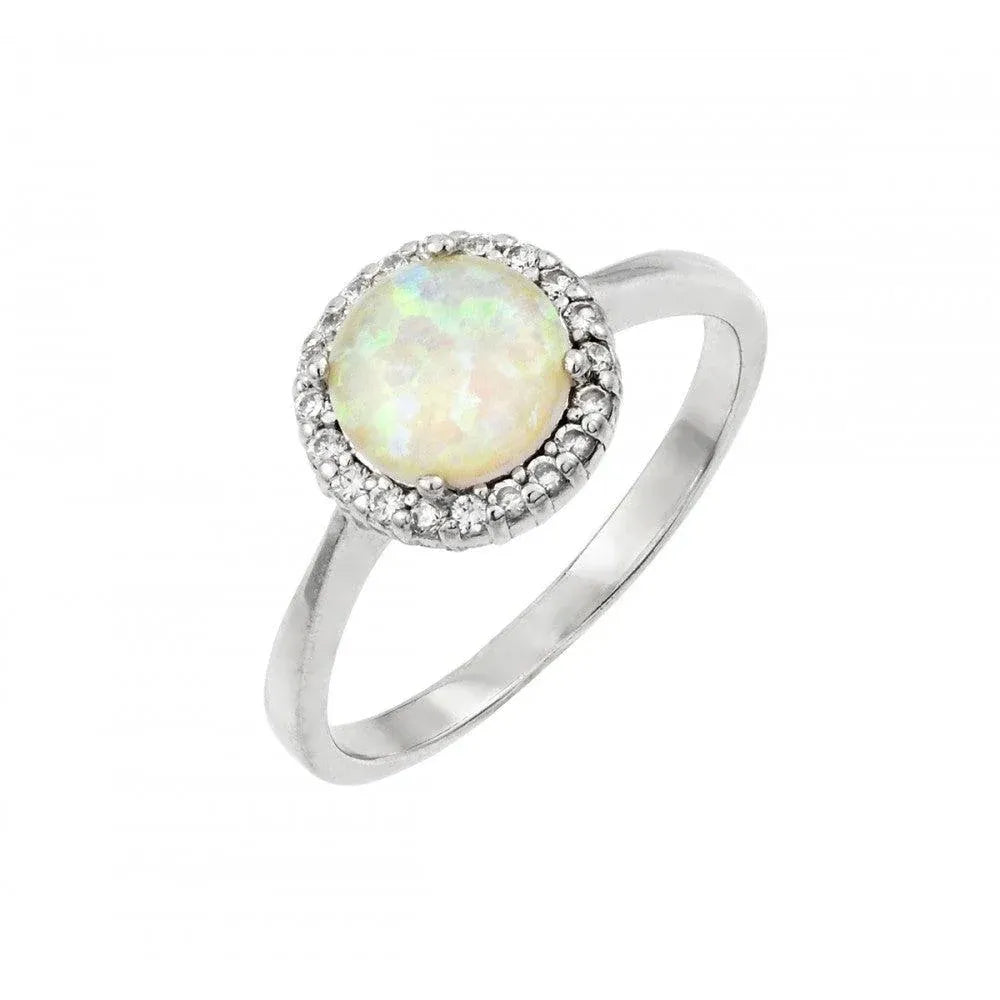 925 Sterling Silver Rhodium Plated Opal Clear Cluster CZ Ring