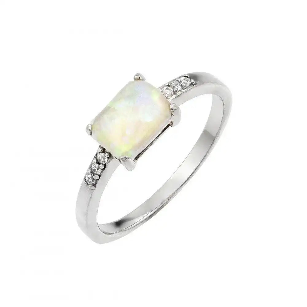925 Sterling Silver Rhodium Plated Clear CZ Baguette Opal Ring