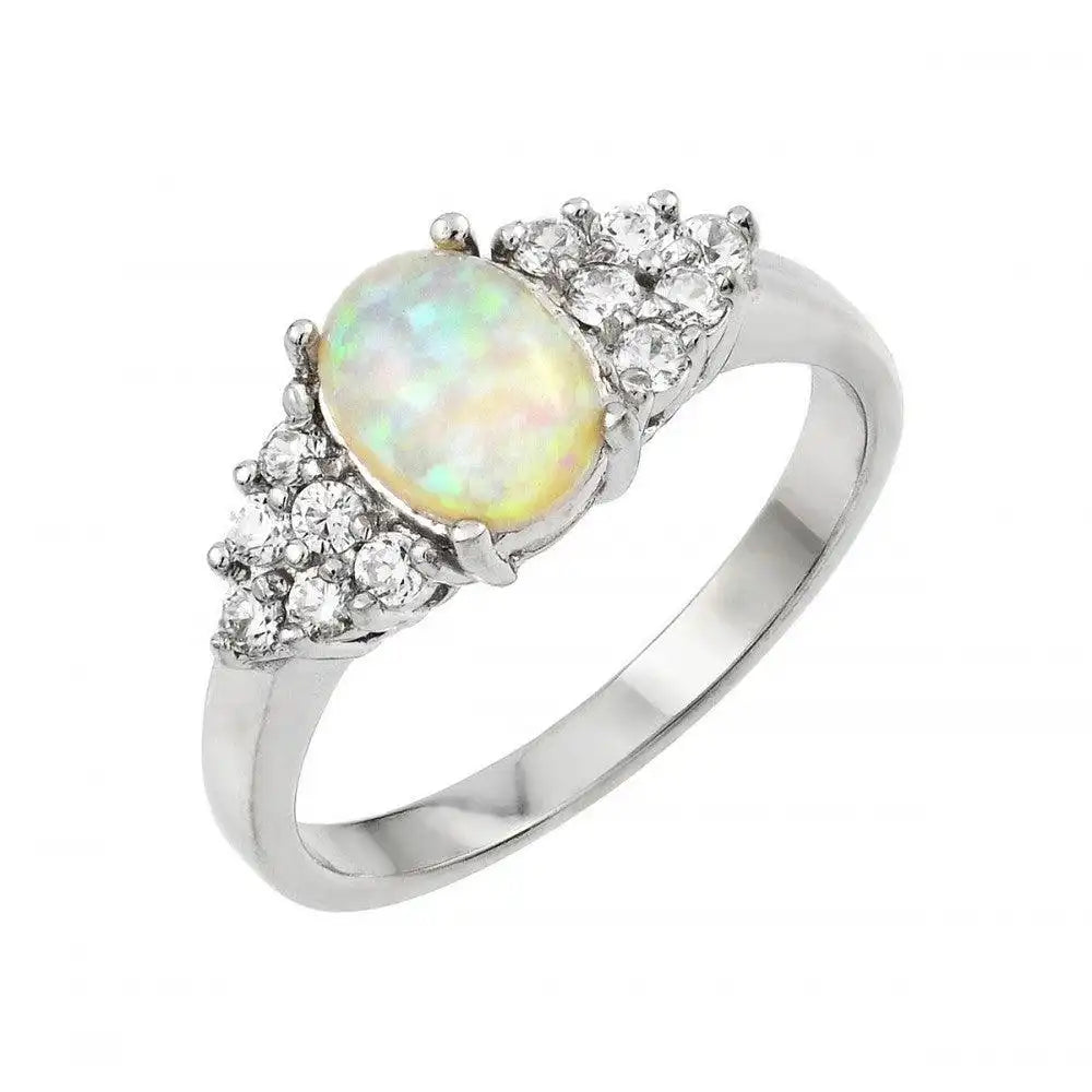 925 Sterling Silver Rhodium Plated Opal Clear Cluster CZ Ring