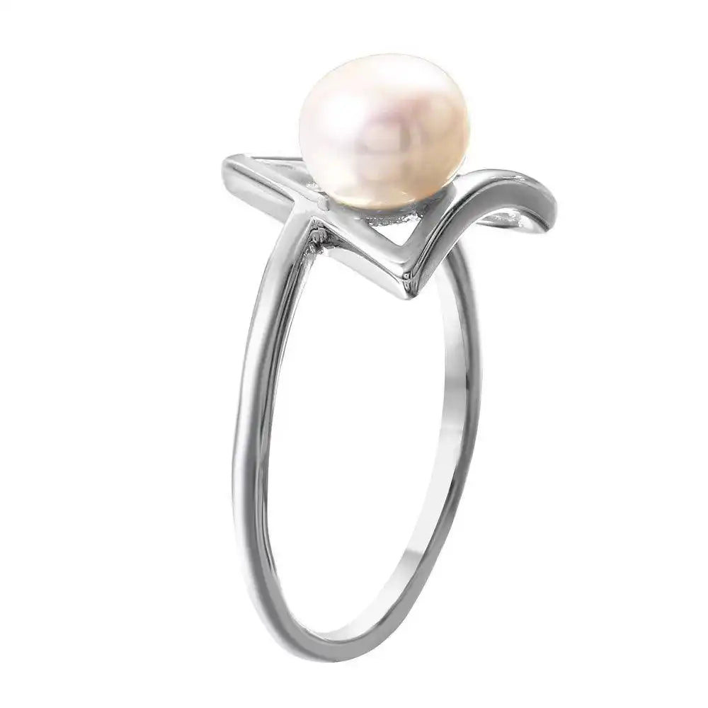 925 Sterling Silver Rhodium Plated Open Triangle Fresh Water Pearl Ring