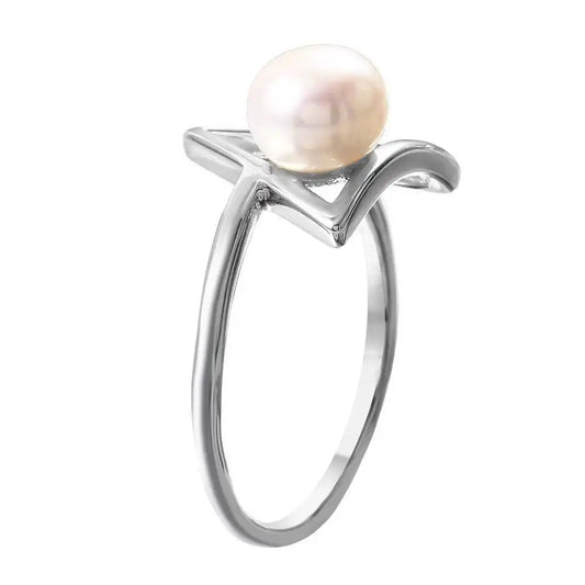 925 Sterling Silver Rhodium Plated Open Triangle Fresh Water Pearl Ring