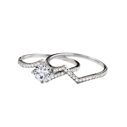 925 Sterling Silver Rhodium Plated 2 Zigzag Engagement CZ Ring with 6mm Center