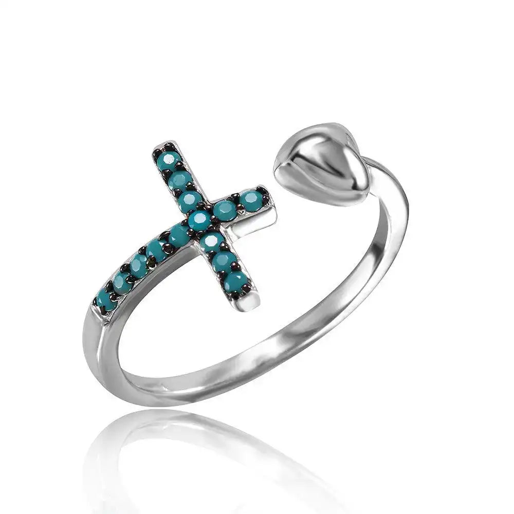 925 Sterling Silver Rhodium Plated Cross And Heart Ring with Synthetic Turquoise Stones