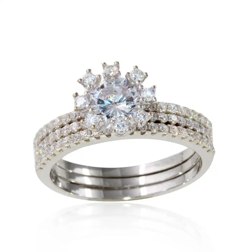 925 Sterling Silver Rhodium Plated Micro Pave Bridal CZ Two Piece Adjustable Set
