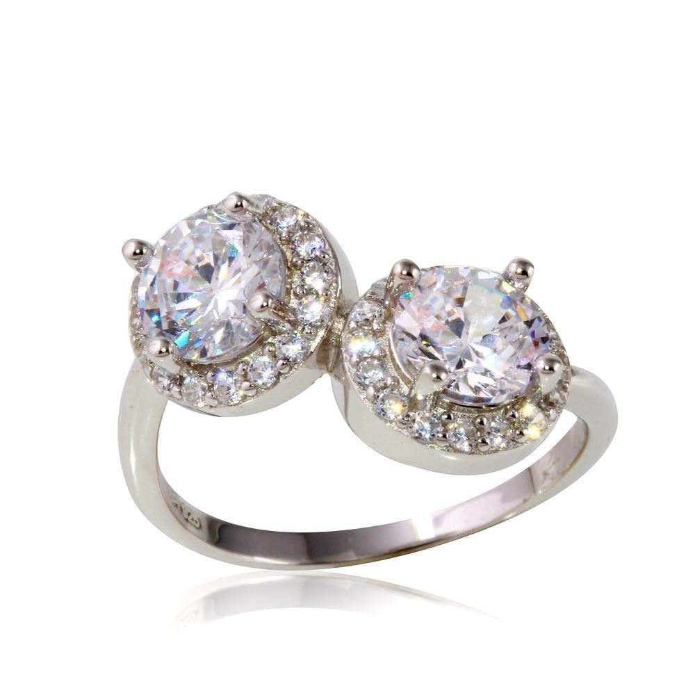 925 Sterling Silver Rhodium Plated Double Center Micro Pave Round CZ Ring