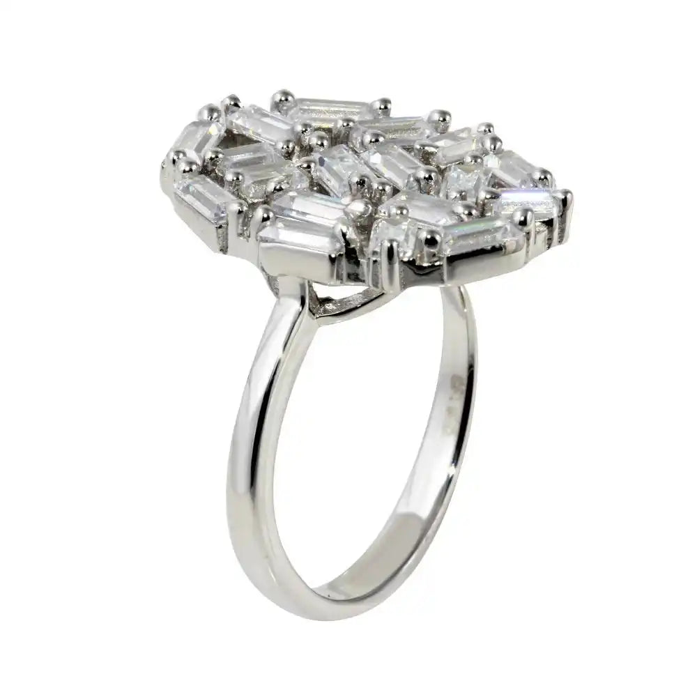 925 Sterling Silver Rhodium Plated Oval Shape Ring with Rectangle CZ