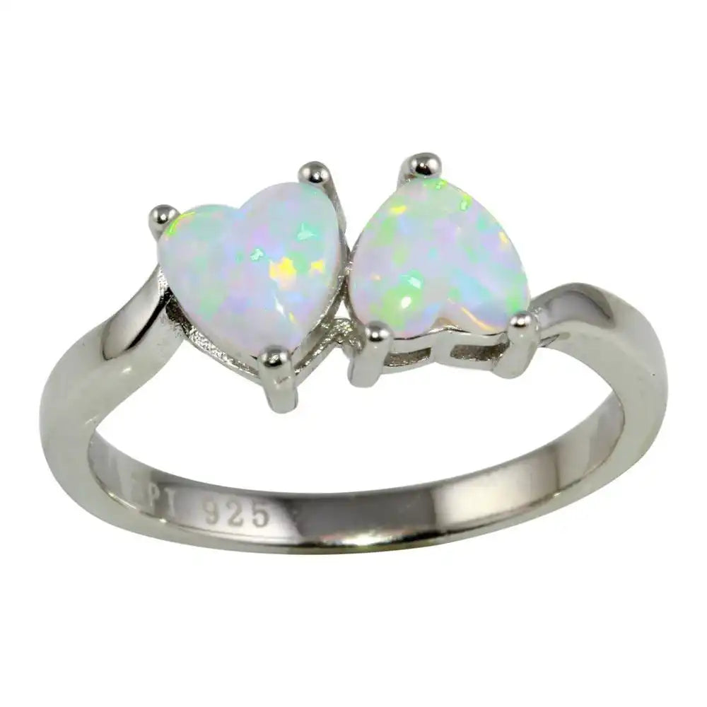 925 Sterling Silver Rhodium Plated Two Heart Ring with AB Crystal CZ