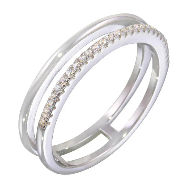 925 Sterling Silver Rhodium Plated Two Row Ring with CZ