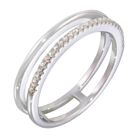 925 Sterling Silver Rhodium Plated Two Row Ring with CZ