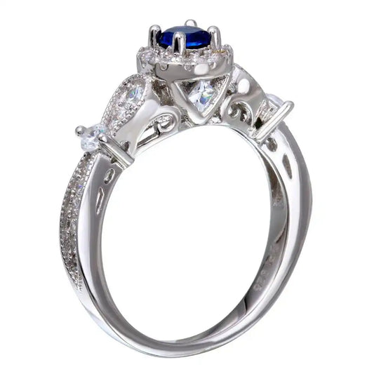 925 Sterling Silver Rhodium Plated Clear and Blue CZ Ring