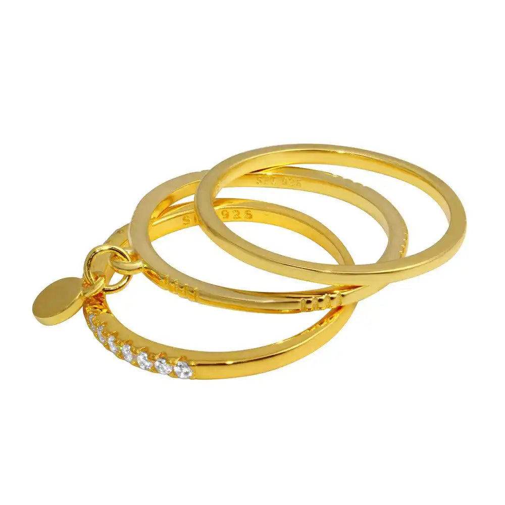 925 Sterling Silver Gold Plated Tri CZ Stackable With Hanging Disc Ring
