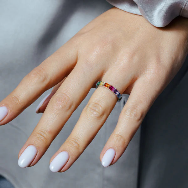925 Sterling silver Rhodium Plated Multi Color Half Eternity CZ Ring