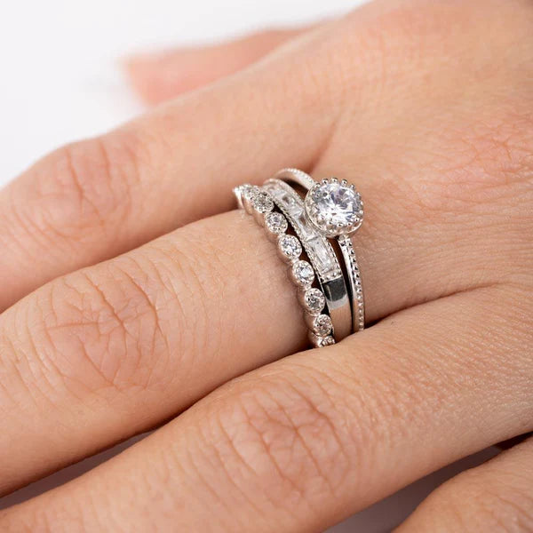 925 Sterling Silver Rhodium Plated CZ Stackable Ring Set