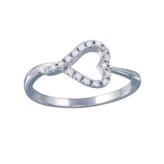 925 Sterling Silver Rhodium Plated Side Way Open Heart CZ Ring