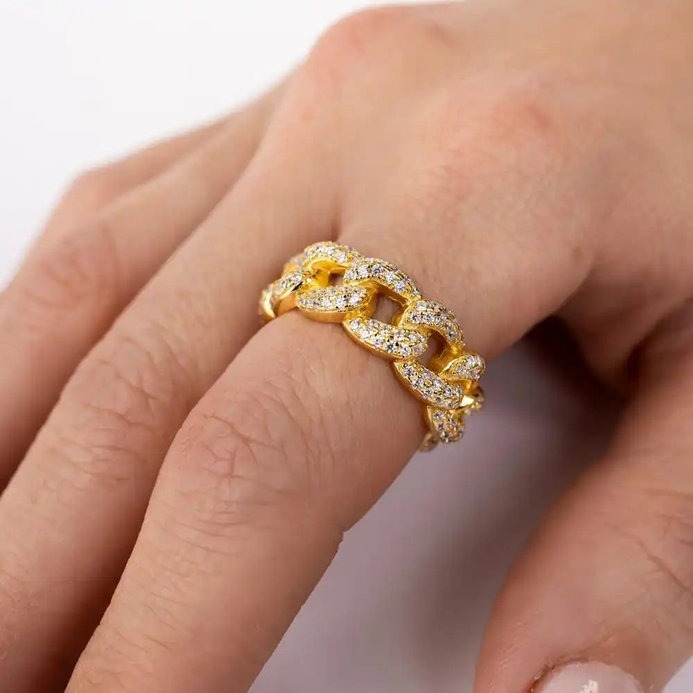 925 Sterling Silver Gold Plated Curb Design Link Ring 7.3mm