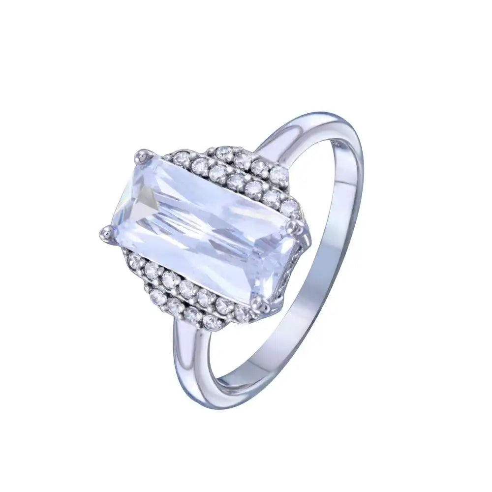 925 Sterling Silver Rhodium Plated Layered Rectangle Center CZ Bridal Ring