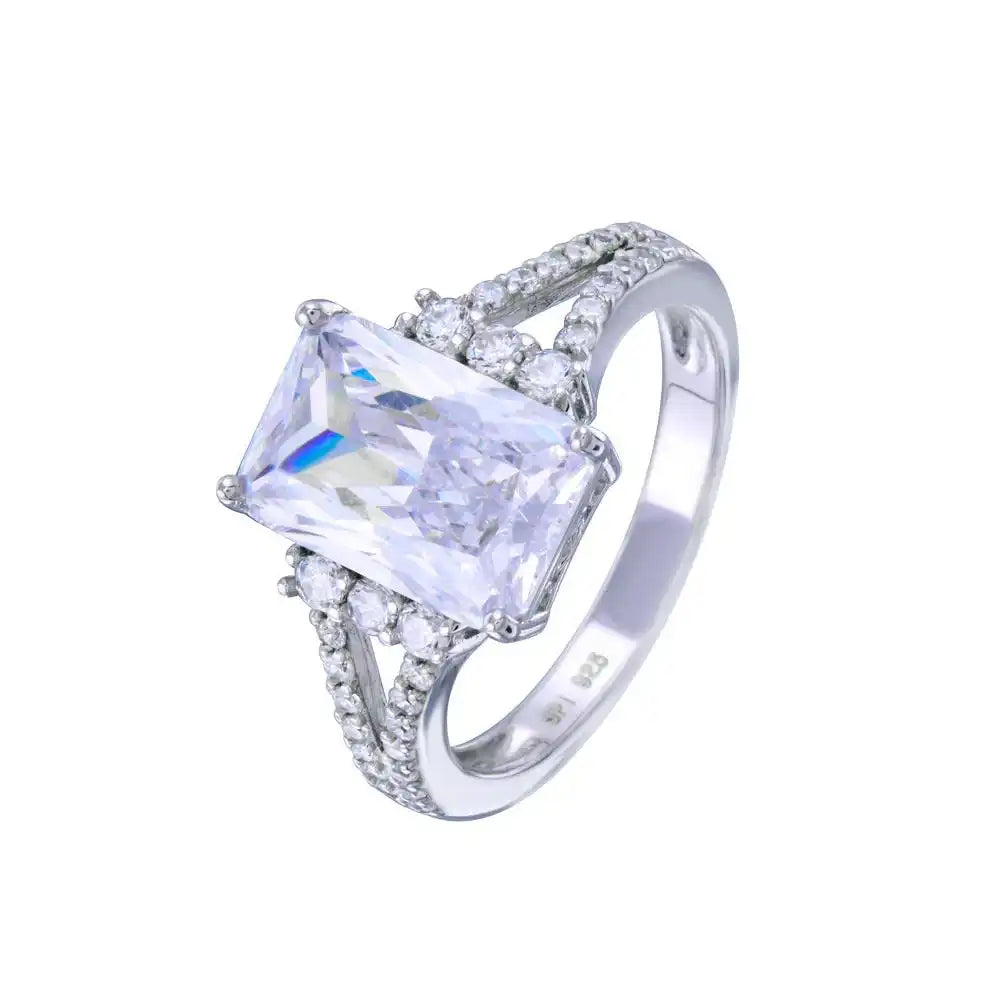 925 Sterling Silver Rhodium Plated Open Shank Rectangle Center CZ Bridal Ring