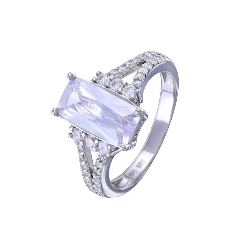 925 Sterling Silver Rhodium Plated Open Shank Wide Rectangle Center CZ Bridal Ring