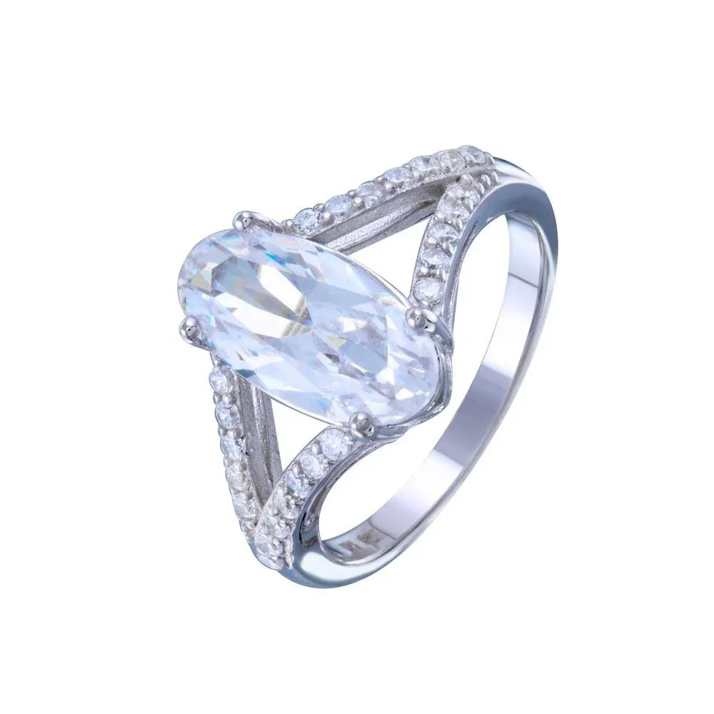 925 Sterling Silver Rhodium Plated Open Shank Oval Center CZ Bridal Ring