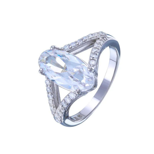 925 Sterling Silver Rhodium Plated Open Shank Oval Center CZ Bridal Ring