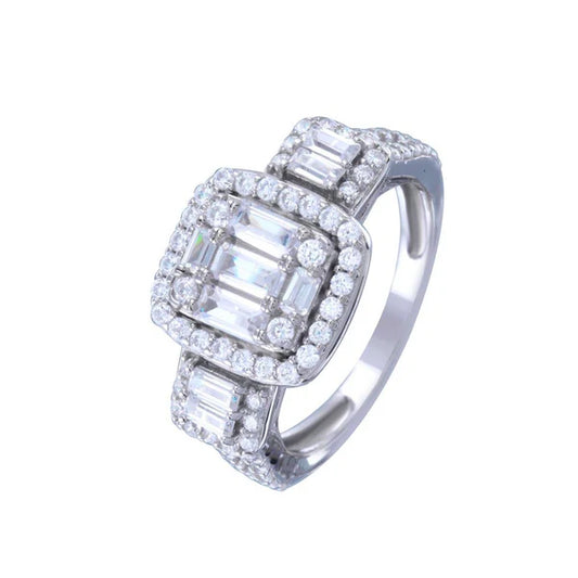 925 Sterling Silver Rhodium Plated Past Present Future Baguette CZ Bridal Ring