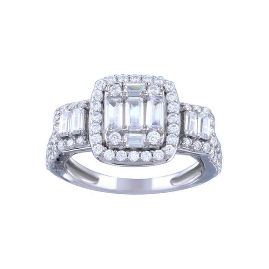 925 Sterling Silver Rhodium Plated Past Present Future Baguette CZ Bridal Ring