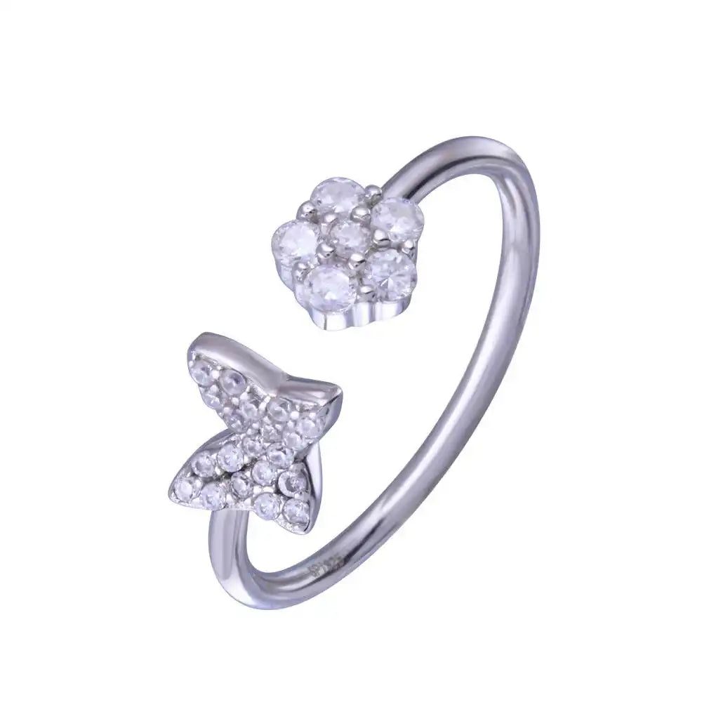 925 Sterling Silver Rhodium Plated Butterfly Flower with Clear CZ Ring