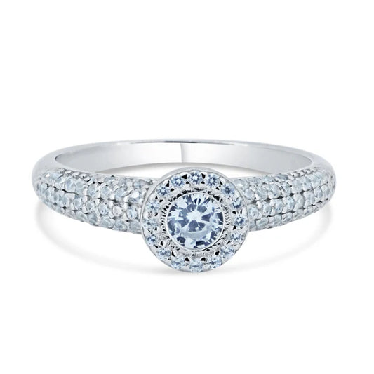 925 Sterling Silver Rhodium Plated Halo Micro Pave Engagement CZ Encrusted Ring