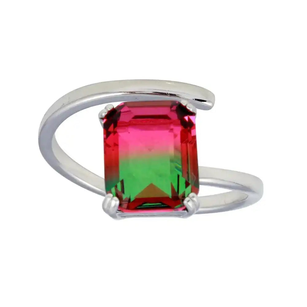 925 Sterling Silver Rhodium Plated Rectangle Open Shank Green to Red Gradient CZ Ring