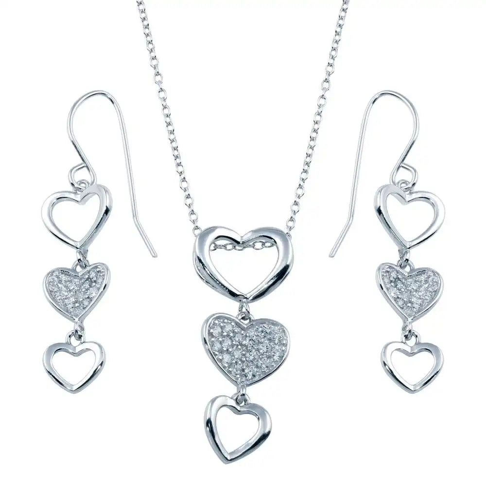 925 Sterling Silver Rhodium Plated Multiple Graduated Open and Closed Heart CZ Hook Earring and Necklace Set