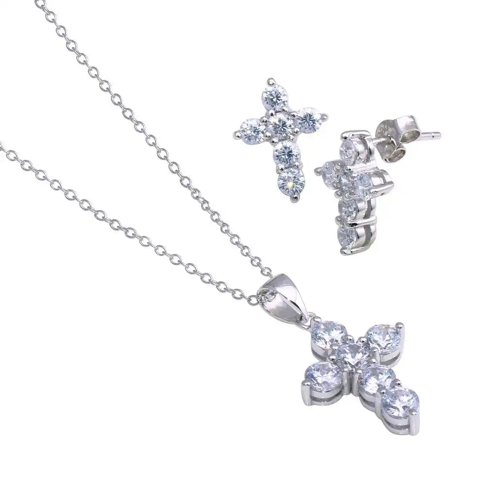 925 Sterling Silver Rhodium Plated Cross CZ Stud Earring and Necklace Set