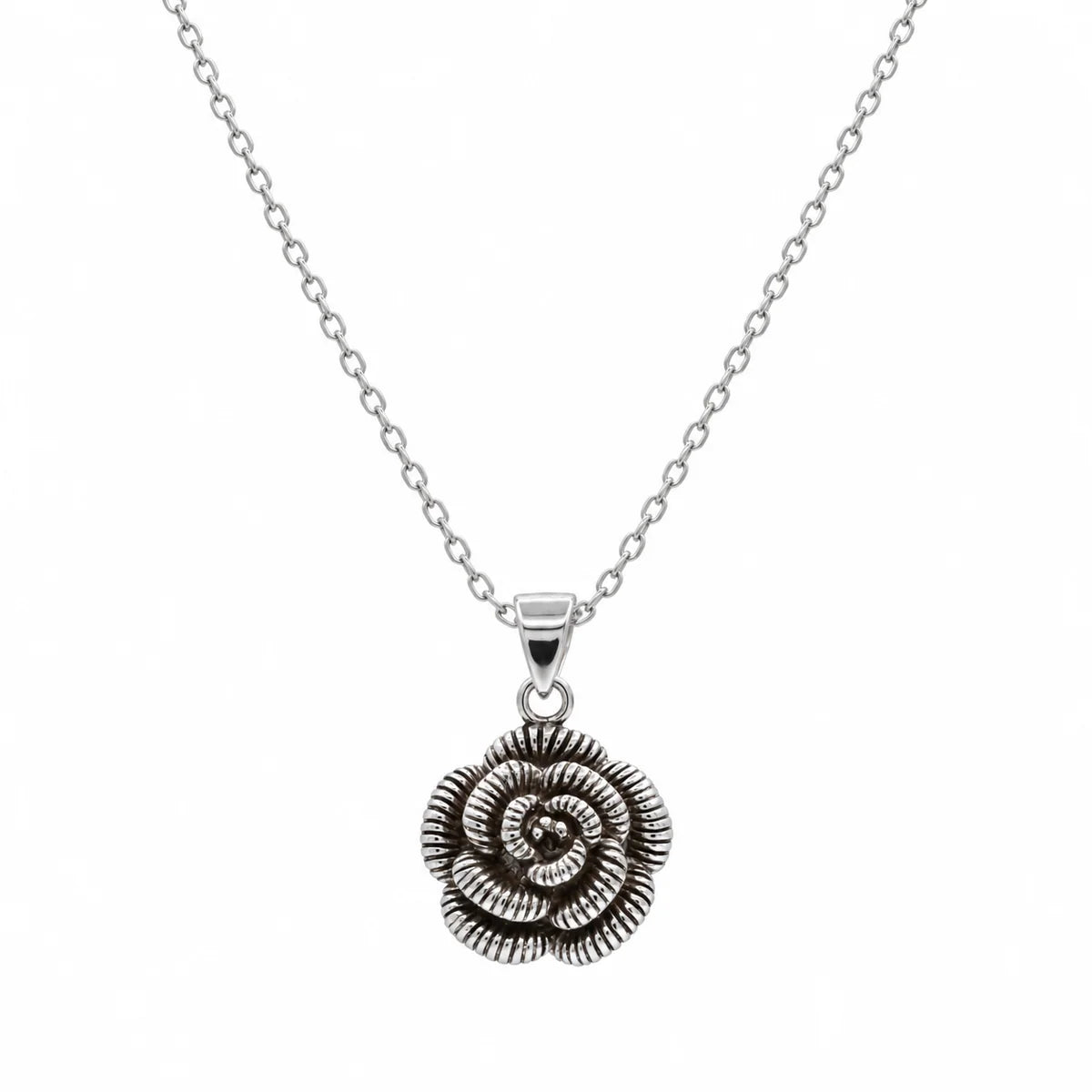 925 Sterling Silver Rhodium Plated Rosset Flower CZ Stud Earring and Necklace Set