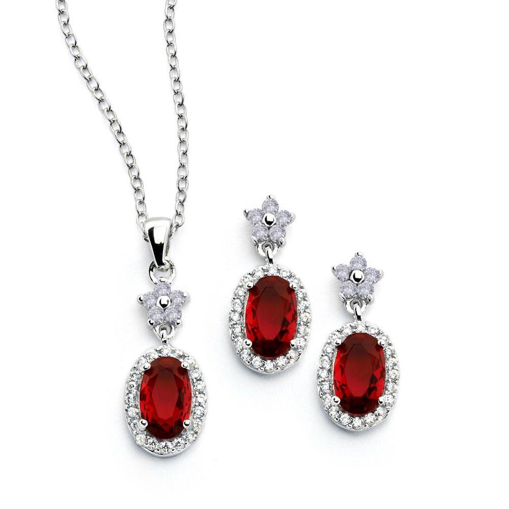 925 Silver Rhodium Plated Flower Round Red CZ Dangling Stud Earring and Necklace Set