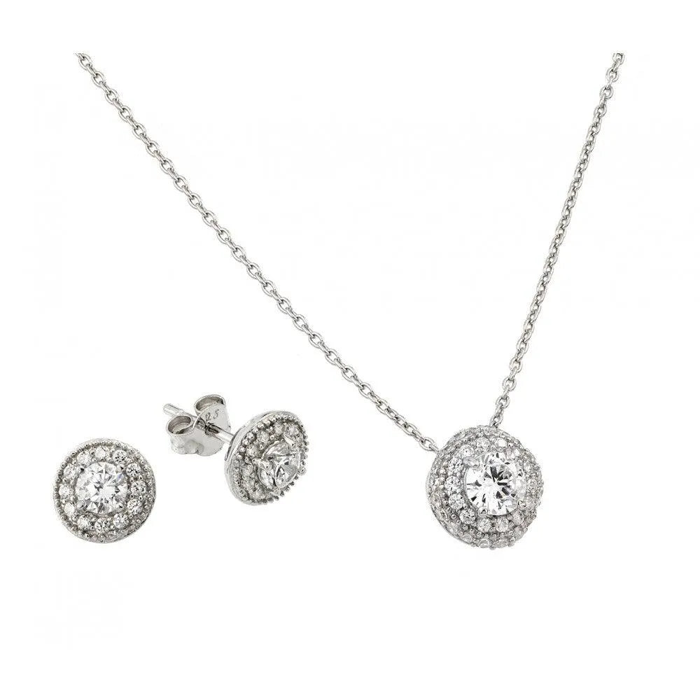 925 Sterling Silver Rhodium Plated Round CZ Stud Earring and Necklace Set
