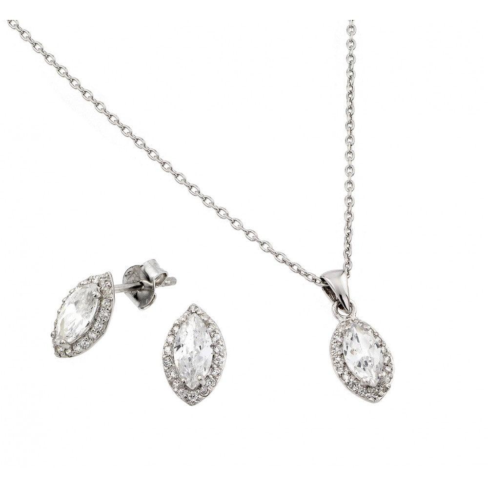 925 Silver Rhodium Plated Marquis CZ Stud Earring and Necklace Set