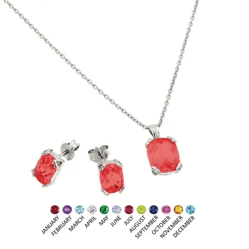 925 Sterling Silver Rhodium Plated Birthstone CZ Stud Earring and Necklace Set