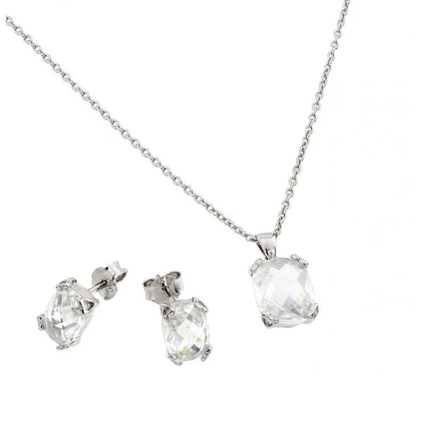 925 Sterling Silver Rhodium Plated Birthstone CZ Stud Earring and Necklace Set