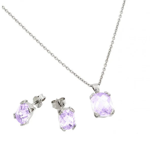 925 Sterling Silver Rhodium Plated Birthstone CZ Stud Earring and Necklace Set