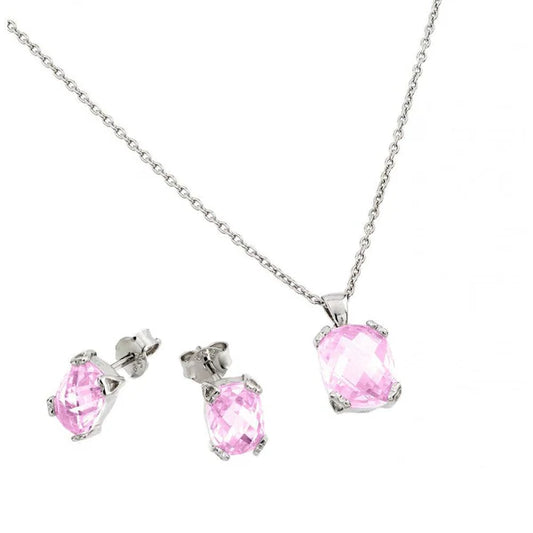 925 Sterling Silver Rhodium Plated Birthstone CZ Stud Earring and Necklace Set