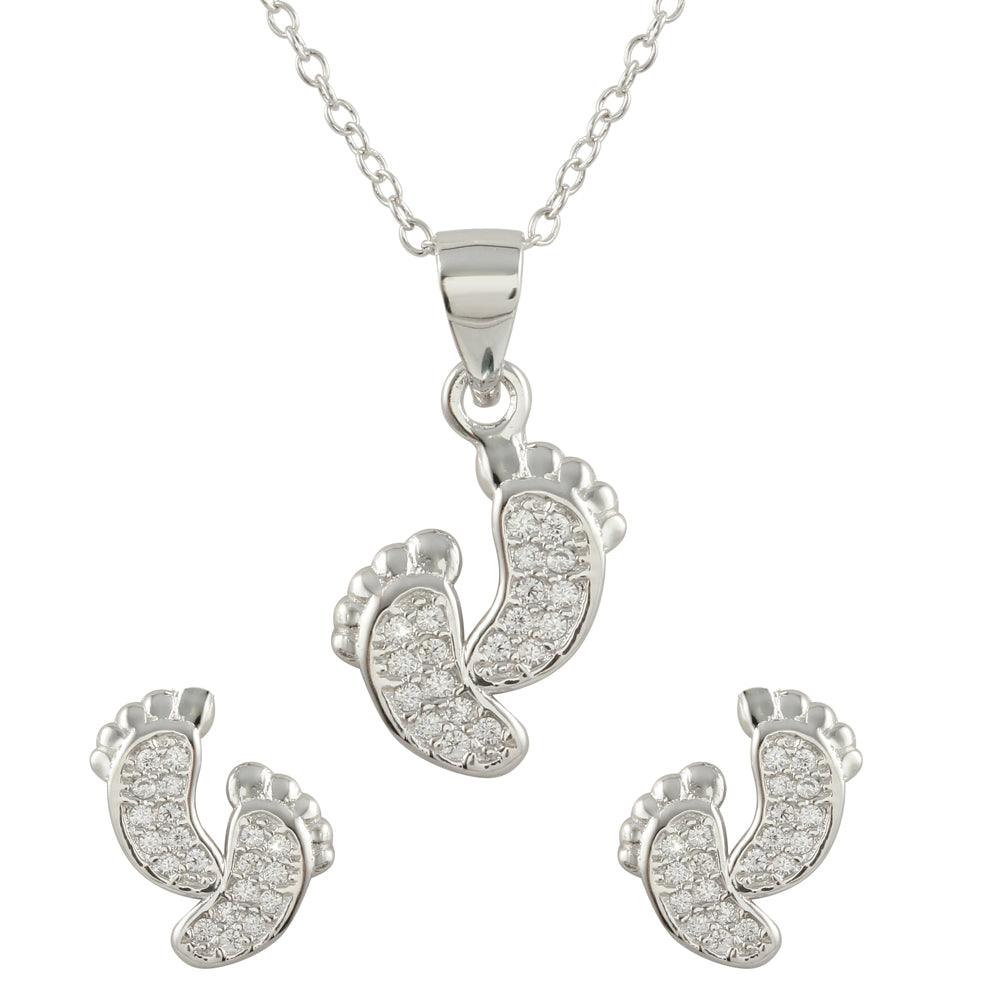 925 Sterling Silver Rhodium Plated Feet Earrings and Necklace Set