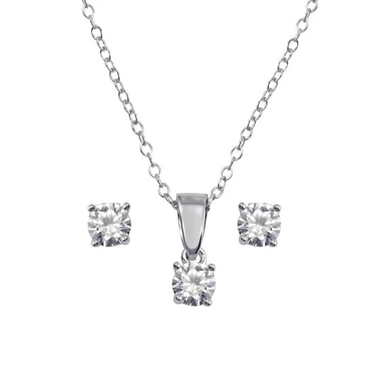 925 Sterling Silver Rhodium Plated Small Crystal AB CZ Earrings and Necklace Set