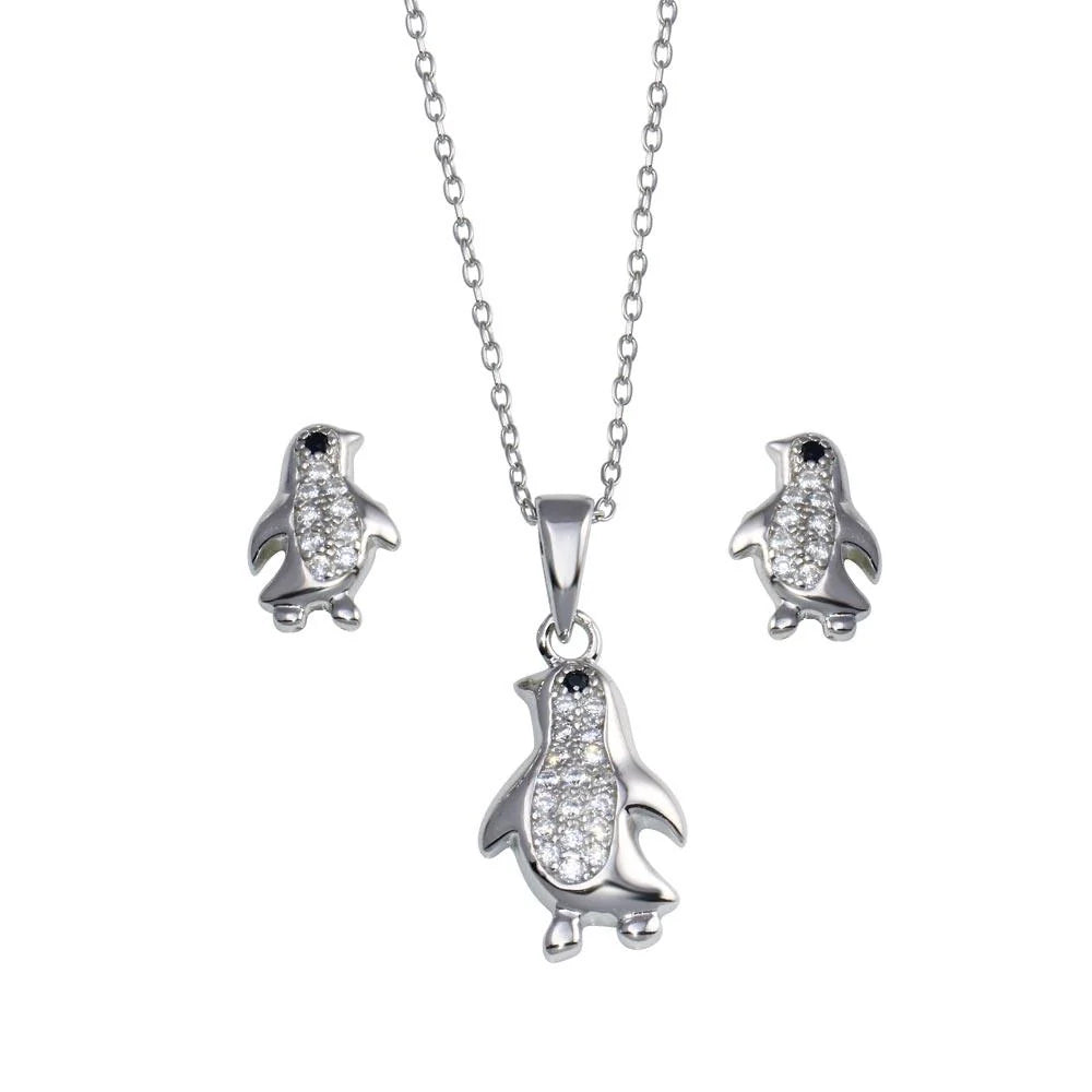 925 Sterling Silver Rhodium Plated Penguin CZ Set