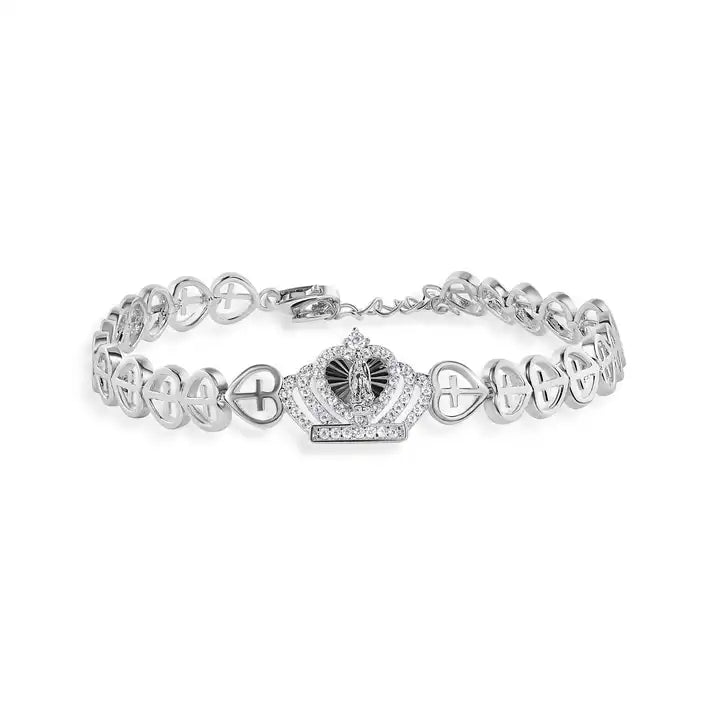 925 Sterling Silver Rhodium Plated 6.3mm Crown Our Lady of Guadalupe Diamond Cut Heart Cross Chain Adjustable Bracelet