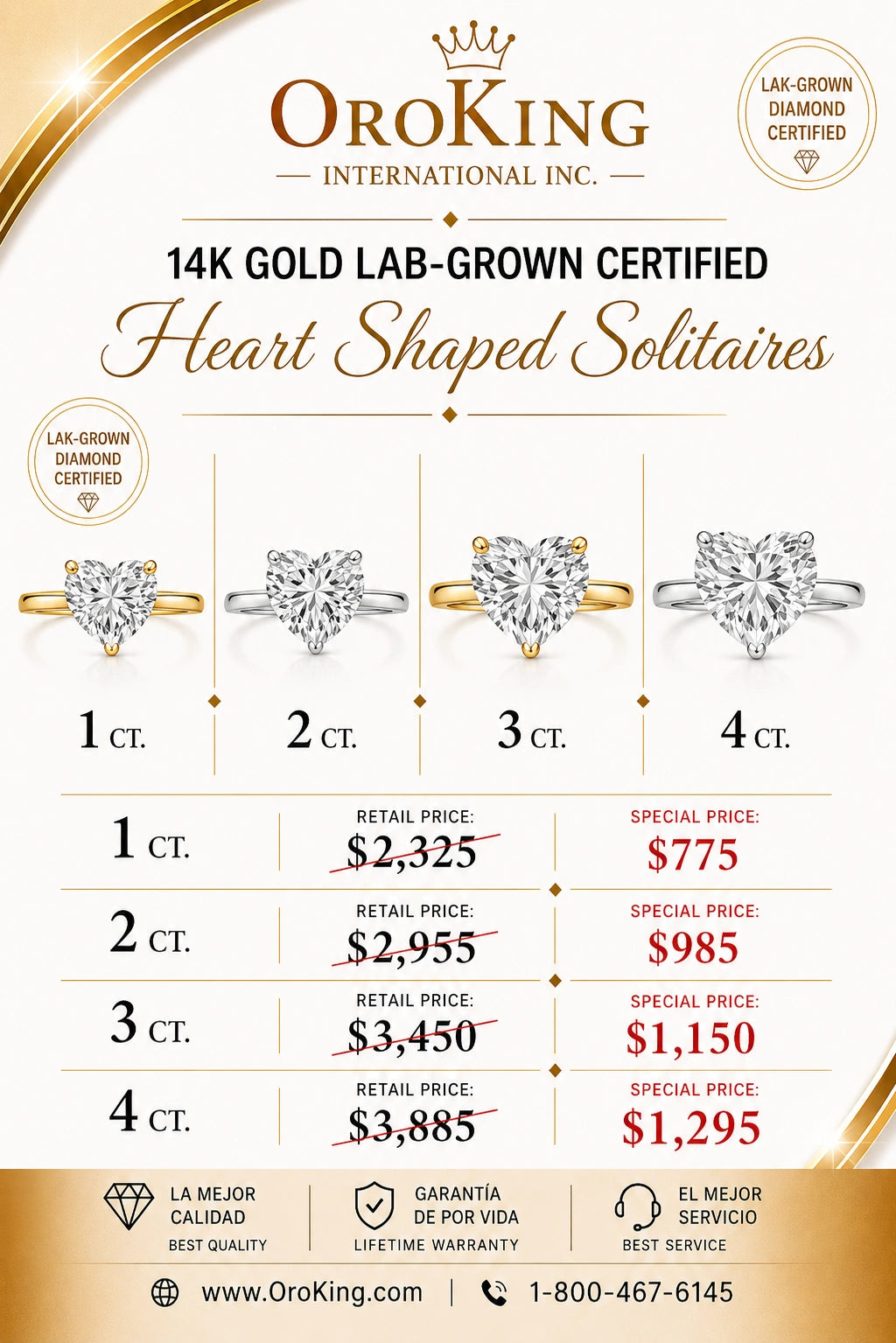 Women's 14K Gold Certified Lab-Grown Diamond Heart Shaped Solitaire Ring 2.00ct. Center Stone