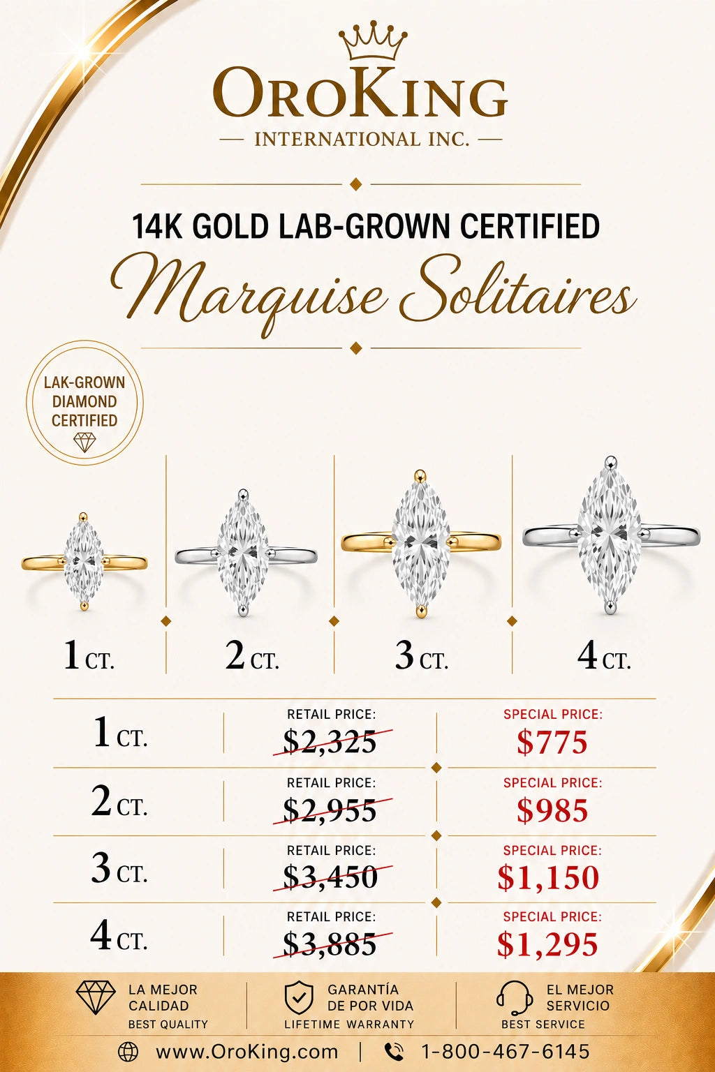 Women's 14K Gold Certified Lab-Grown Diamond Marquise Solitaire Ring 1.00ct. Center Stone