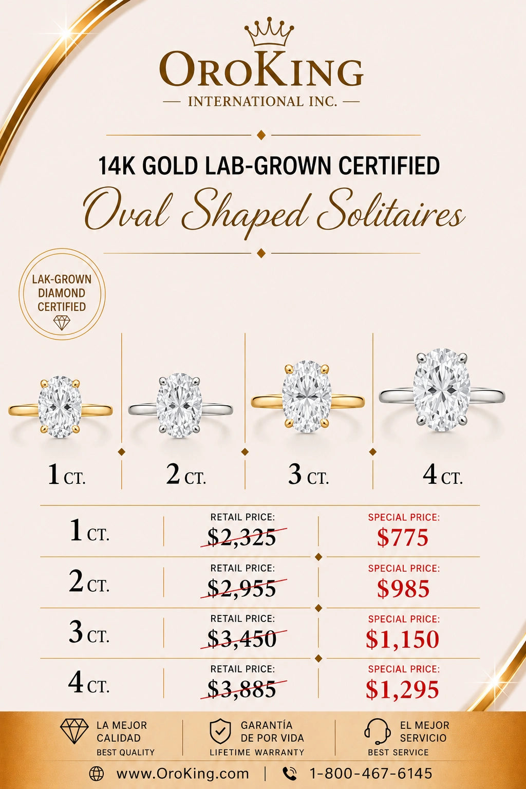 Women's 14K Gold Certified Lab-Grown Diamond Oval Shaped Solitaire Ring 1.00ct. Center Stone