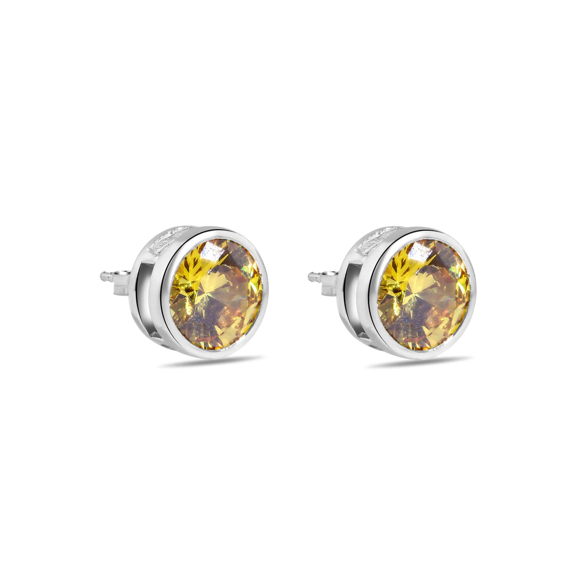 925 Sterling Silver Clearance-Rhodium Plated Round Yellow Citrine CZ Earrings